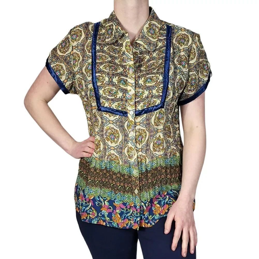 NY Collection Womens Neo Psychedelia Shirt Button Up Short Sleeve Poly Kashmir